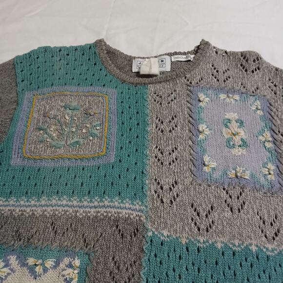 VTG Jantzen Classic Color Block Sweater Embroidered By Hand L/XL Grey/Aqua - Picture 10 of 16